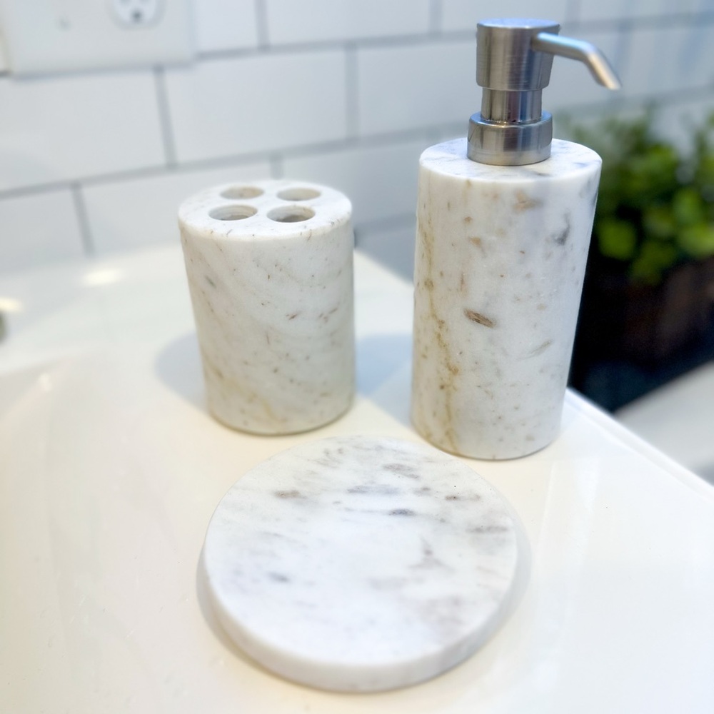 Threshold White Marble Bath Accessory Set with Gray Veining